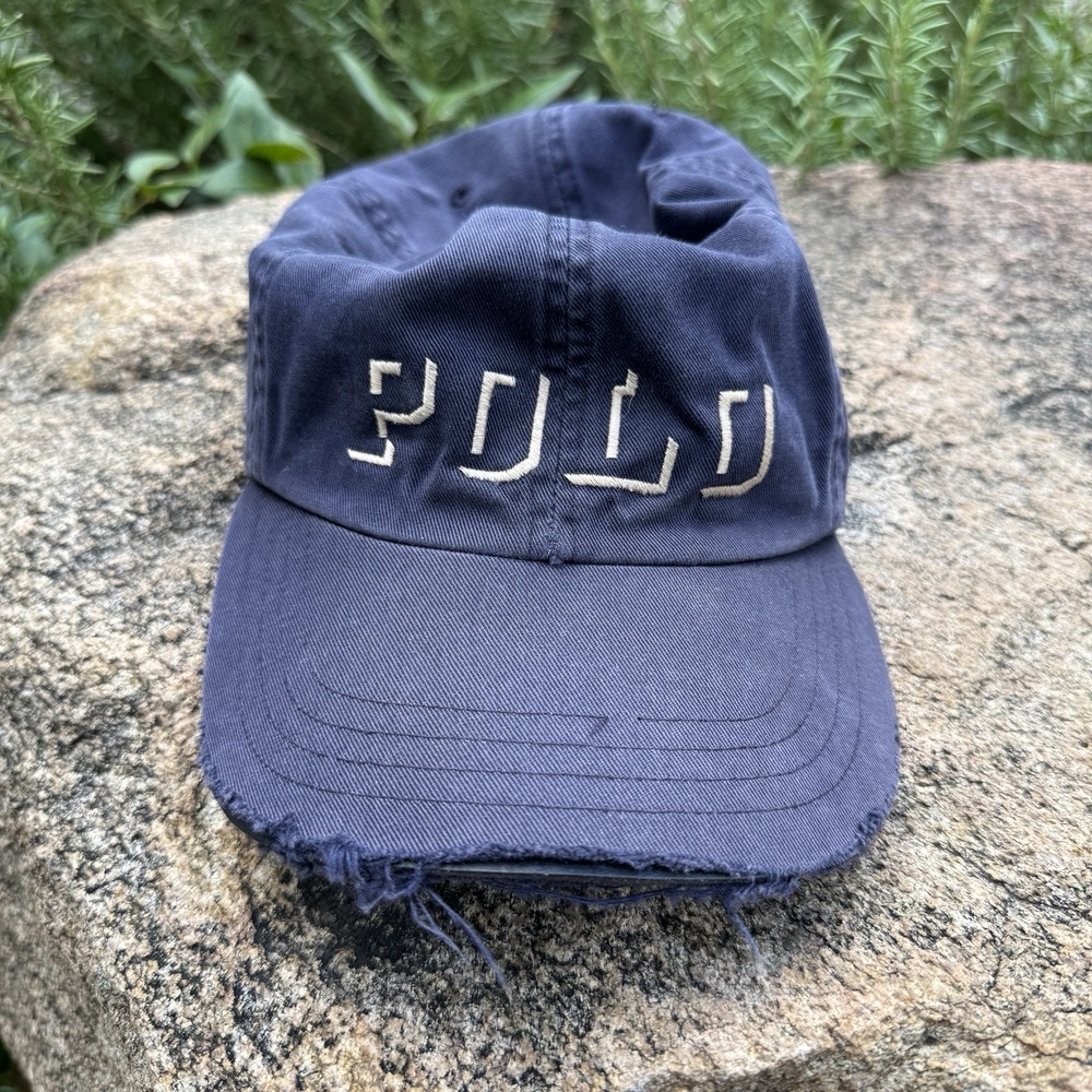 Vintage 90s Polo Ralph Lauren Hat Navy Blue Leather Strap Distressed Frayed